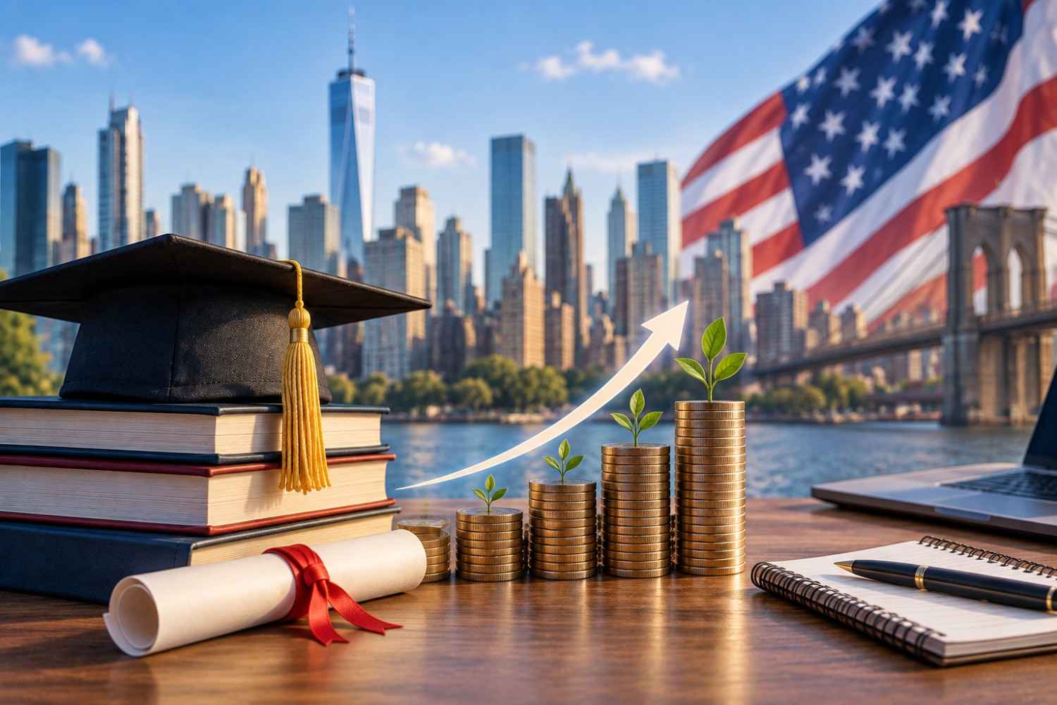 Reducing MBA costs in USA represented by a graduation cap, books, savings jar, piggy bank and financial planning elements with a US city background